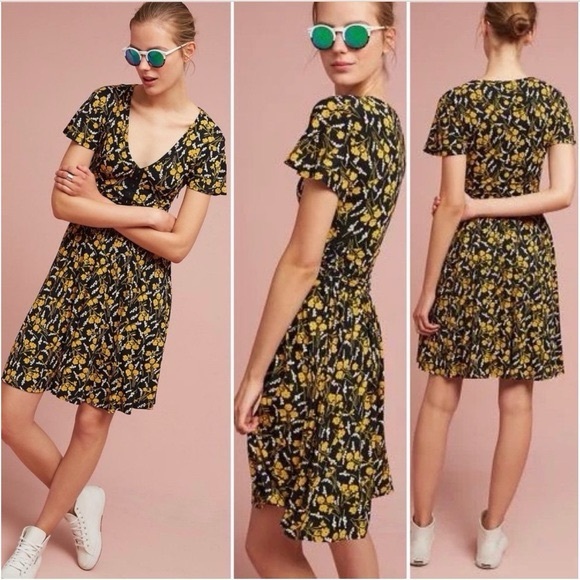 Maeve Dresses & Skirts - Anthropologie Maeve Women’s Yellow Black Floral Cinched Waist Dress Small